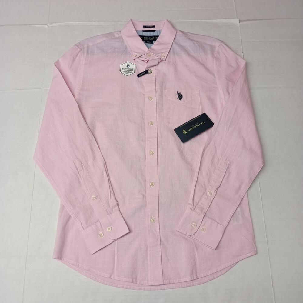 U.S. Polo Assn. Button Down Woven Shirt Men's S Pink Hour Stretch Checkered
